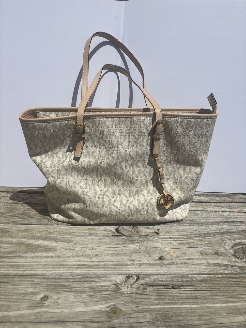 Michael Kors Beige Cream Signature MK Tote with Tan Trim